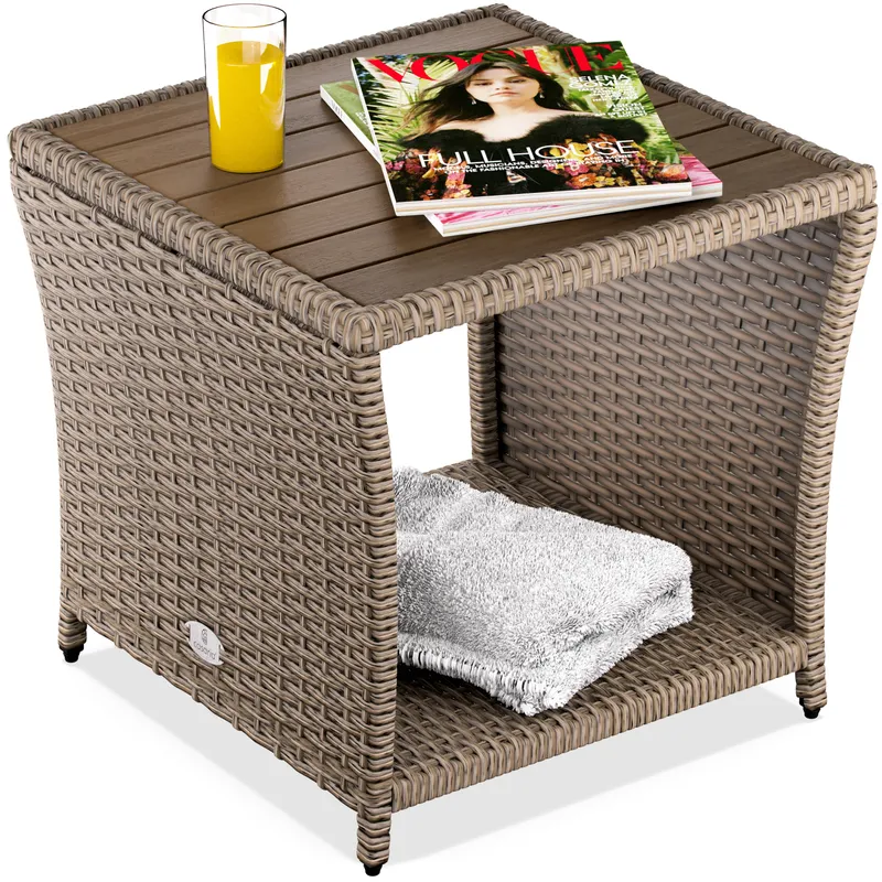 Casaria® Polyrattan Beistelltisch Creme 40x45x45cm Akazienholz – Produktbild 1 von 2