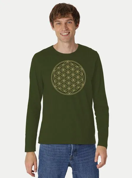 Peaces.bio - handbedruckte Biomode Peaces.bio - handbedruckte Biomode Bio-Herren-Langarmshirt "Die Blume des Lebens", Waldgrün, – Produktbild 2 von 2