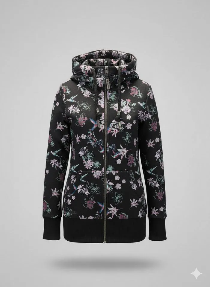 ragwear ragwear Sweatjacke NESKA ZIP FLOWERS O figurbetont mit floralem Allover-Print und großer Kapuze, Schwarz, – Produktbild 3 von 3