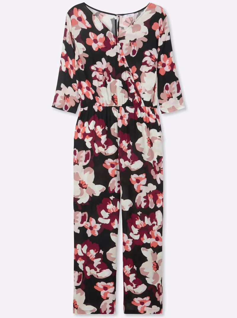 sheego Jumpsuit schwarz-koralle-bedruckt, Schwarz-koralle-bedruckt, – Produktbild 1 von 2