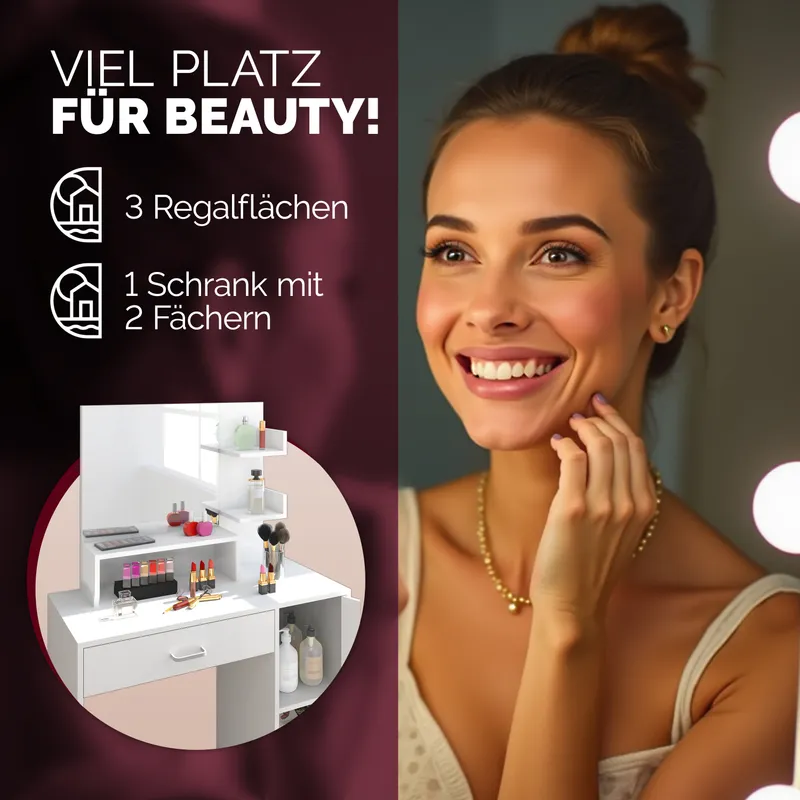 Casaria® Schminktisch Jocelyn Weiß 140x90x40cm, Weiß, – Produktbild 2 von 2