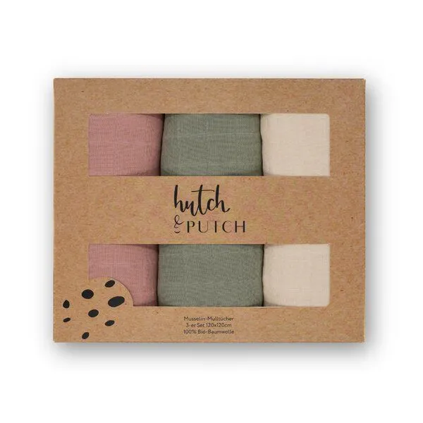 Hutch&Putch Hutch&Putch 3er-Set Musselin-Mulltuch aus Bio-Baumwolle in 120x120cm • einfarbige Mulltücher, Rosa/salbeigrün/cremeweiß, – Produktbild 1 von 3