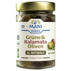Mani Bläuel Grüne & Kalamata-Oliven al naturale ohne Stein, geölt – Produktbild 1 von 1