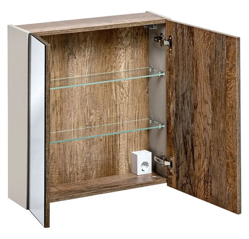 Lomadox Spiegelschrank PUEBLA-56-TAUPE 60cm mit LED in taupe mit Vintage Oak Eiche, B/H/T ca. 60/65-75/17 cm, Beige|braun, – Produktbild 2 von 5