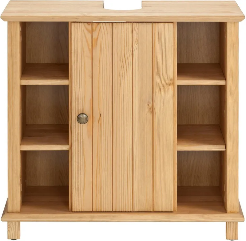 Home affaire Waschbeckenunterschrank Vili Badezimmerschrank im Landhaus-Look, mit 6 Fächern, aus Massivholz, Beige, – Produktbild 1 von 4
