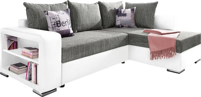 COLLECTION AB Ecksofa John L-Form, B: 226 cm, Schlaffunktion & Bettkasten, Regalelement & 2 Zierkissen, Couch optional mit Federkern, Grau|weiß, – Produktbild 3 von 5