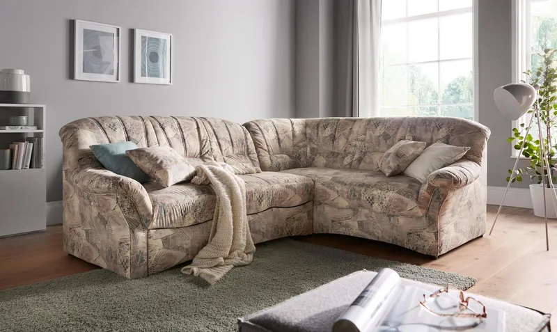 DOMO collection Ecksofa Bahia, zeitlos & elegant, Breite 256cm, bequeme Armlehnen, L-Form, Microfaser, Braun, – Produktbild 2 von 5