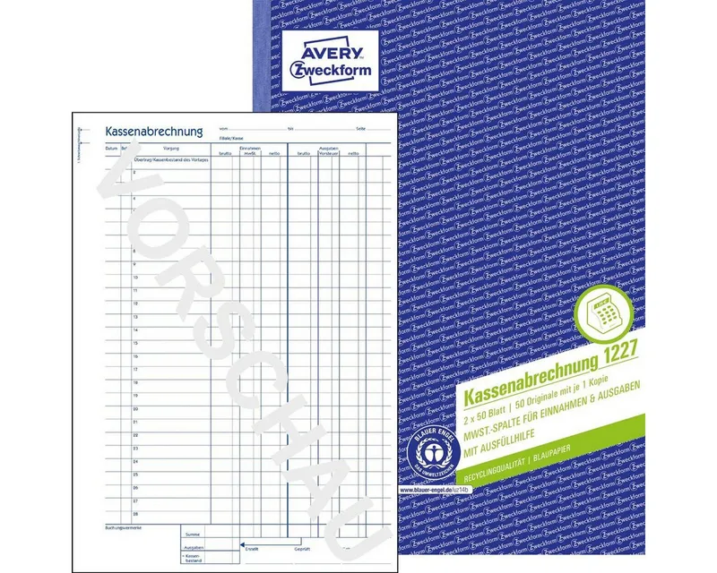 Avery Zweckform Avery Zweckform Formularblock 1227 1227 Kassenabrechnung - MwSt.-Spalte A4 Recycling Blaupapier 2x 5 – Produktbild 1 von 1