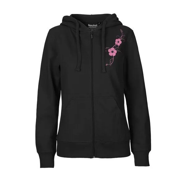 HANDGEDRUCKT HANDGEDRUCKT "Hibisken" Frauen Zip-HOODY aus reiner Biobaumwolle (kbA), Black, – Produktbild 1 von 3