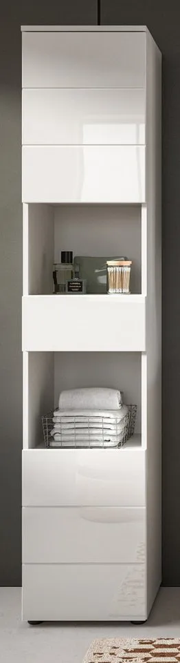 Inn.Furn Hochschrank Larik (Badschrank in weiß Hochglanz, 2-türig, 38 x 190 cm) mit 6 Fächern und Schubkasten, Weiß, – Produktbild 3 von 5