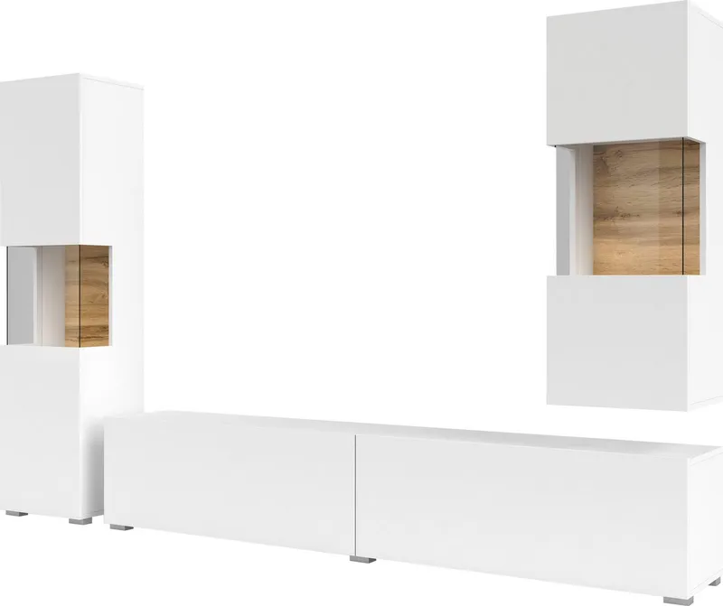Home affaire Wohnwand Ava, Wohnzimmer-Set hängend/stehend montierbar, Vitrine, Lowboard, 3-tlg., Weiß, – Produktbild 1 von 4