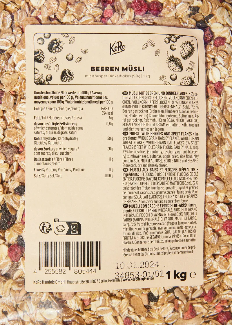 KoRo Beeren Müsli mit Knusper Dinkelflakes 1 kg – Produktbild 4 von 5