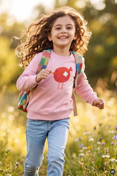 MelaDi Meladi Kinder Sweater aus Biobaumwolle - Roter Vogel auf Pink, Natural white, – Produktbild 6 von 7