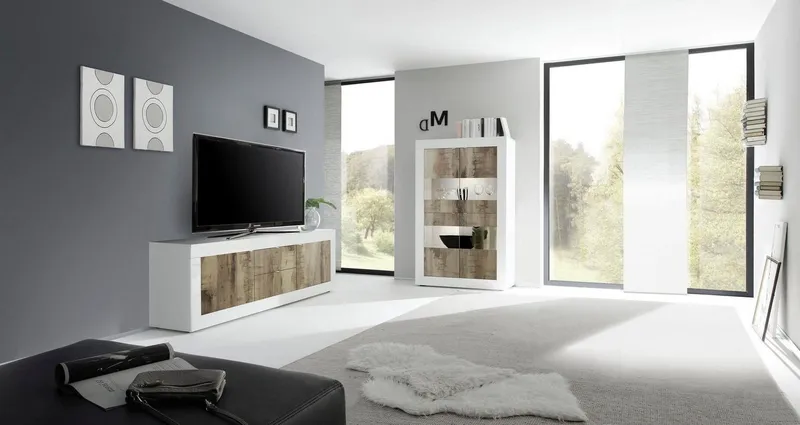 Home affaire Vitrine Basic Höhe 162 cm, Standvitrine mit 4 Türen - Metallgriffe, Stauraumvitrine in moderner Rahmenoptik, Hochschrank, Anrichte, Weiß, – Produktbild 7 von 8