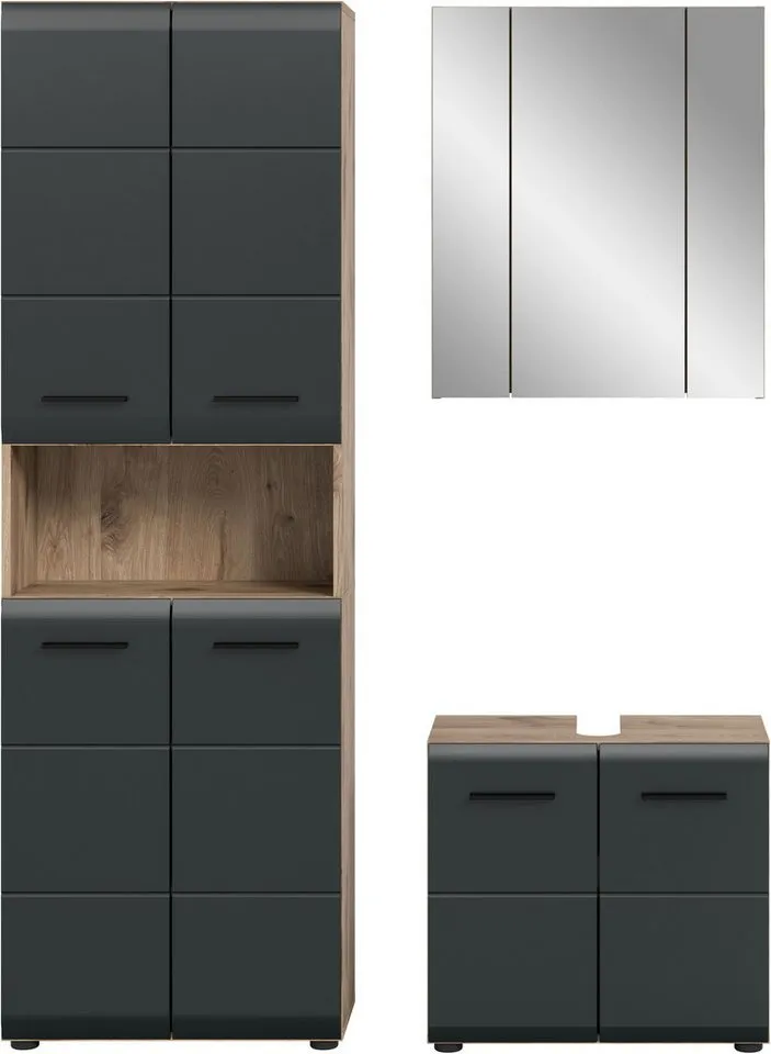 welltime Badmöbel-Set FLORENZ, 3-teilige Badkombination, hochwertige MDF-Front, (Set, 3-St., best. aus: 1 Hochschrank, 1Waschbeckenunterschrank, 1 Spiegelschrank), Bad-Kombination, Bad-Möbel, Badezimmer, Kombination, Kombi, Schwarz, – Produktbild 1 von 5