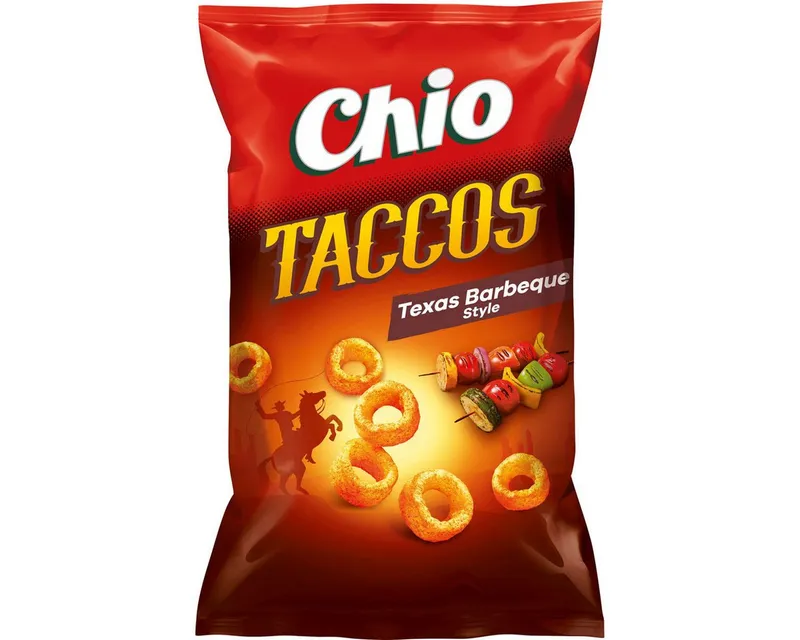 Chio Chio Knabberei, Chio Taccos Texas Barbecue vegetarisch vegan Knusperringe 75g – Produktbild 1 von 2