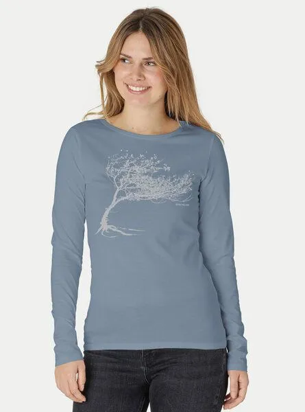 Peaces.bio - handbedruckte Biomode Peaces.bio - handbedruckte Biomode Bio-Damen-Langarmshirt Windy Tree, Blaugrau, – Produktbild 3 von 3