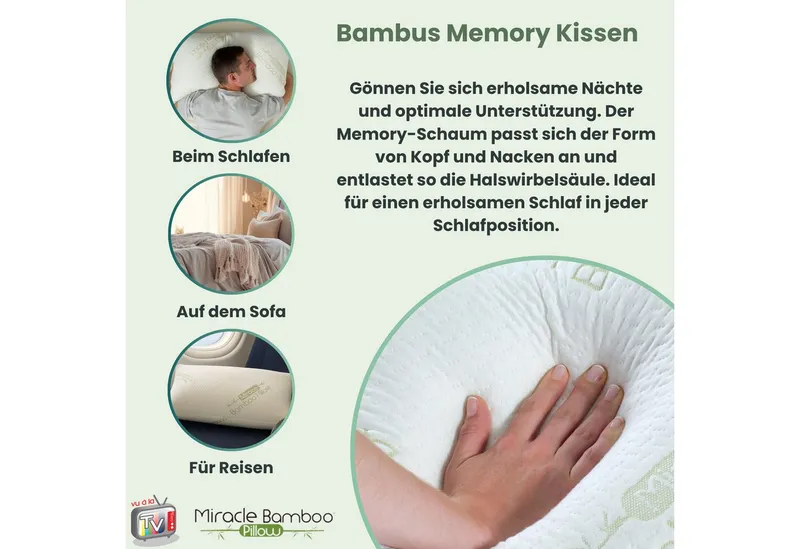 Venteo Naturfaserkopfkissen MIRACLE Bamboo Pillow mit Bambusfaserbezug, Füllung: viskoelastischer Schaum, Bezug: Bambusfaser, Spar-Set, 1er oder 2er Set, für Allergiker geeignet, Temperaturregulierend, Weiß, – Produktbild 4 von 5