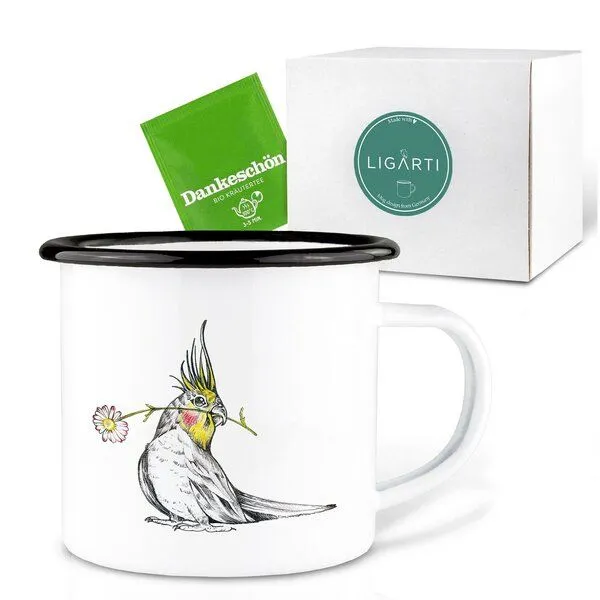 LIGARTI Emaille Tasse – Blümchensittich – LIGARTI Tiermanufaktur – Produktbild 3 von 4