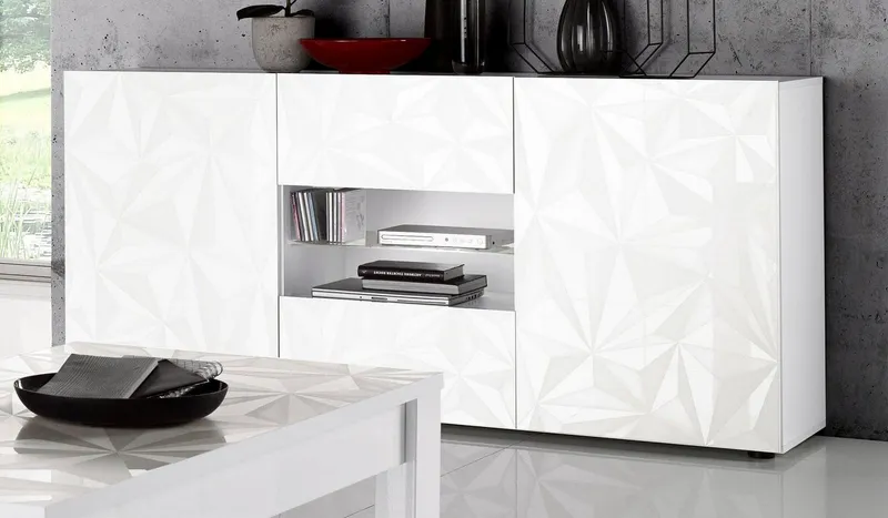 Home affaire Sideboard Prisma Breite 181, Kommode 2 Türen, 2 Schubkästen, Anrichte, Front mit elegantem Siebdruck, grifflos, viel Stauraum, Weiß, – Produktbild 2 von 5