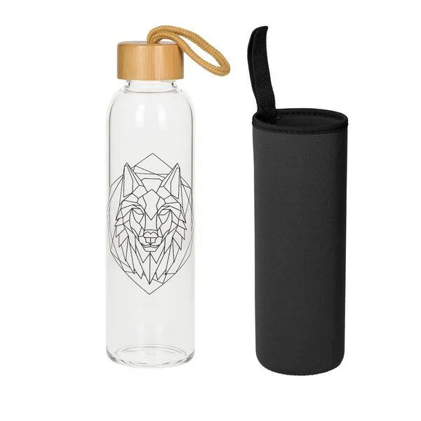 elasto elasto Glasflasche 550 ml mit Bambusdeckel - Trinkflasche mit Schutzhülle, Wolf, – Produktbild 1 von 4