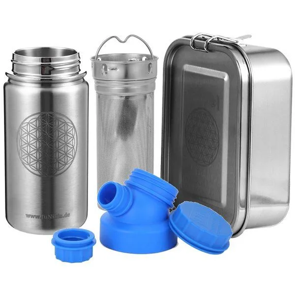 JN JuNiki's JN JuNiki's Einschulungs-Set "Blume des Lebens": Lunchbox + Edelstahltrinkflasche + Teefilter, Blau, – Produktbild 1 von 4