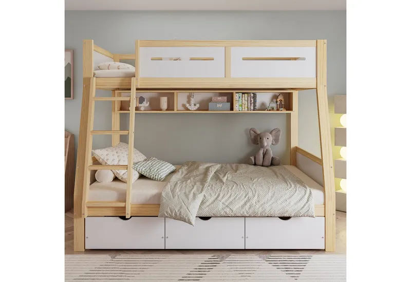 Merax Etagenbett 90x200cm/120x200 cm (Stauraum & Sicherheit im Kinderzimmer, 1-St., Jugendbett Stockbett Doppelbett Hausbett), Kieferholz Kinderbett mit Schubladen Bücherregal Umzäunung Trittleiter, Weiß, – Produktbild 2 von 3
