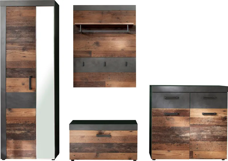 Home affaire Garderoben-Set Ilana, (Set, 4-St), Garderobenmöbel im modernen Industrial Style mit antikfarbenen Griffen, Grau, – Produktbild 1 von 4