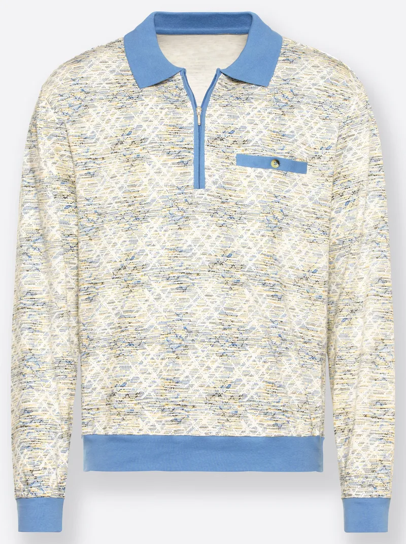 marco donati Langarm-Poloshirt mittelblau-bedruckt, Mittelblau-bedruckt, – Produktbild 1 von 2