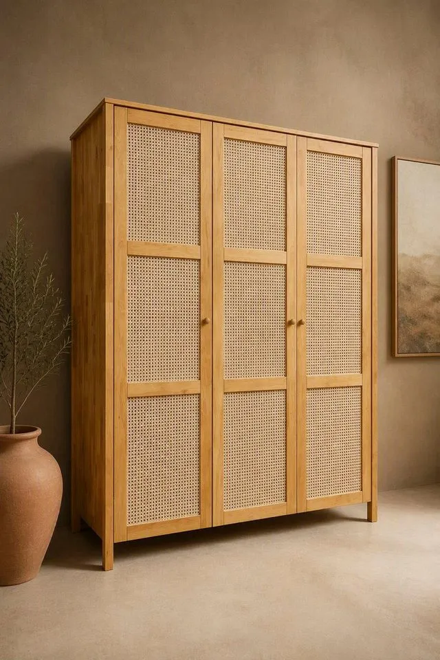 OTTO home Kleiderschrank Hällevik Eiche - aus FSC® Massivholz, Wiener Geflecht mit Soft-Close, 3 Türen– skandinavisches Design. Breite: 156 cm, Beige, – Produktbild 2 von 5