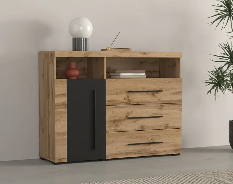 OTTO home Kommode Roger,Breite 120cm, moderne Anrichte mit 3 Schubladen, Sideboard mit viel Stauraum, Masse 120x92x38,5 (B/H/T), Beige|schwarz, – Produktbild 2 von 5