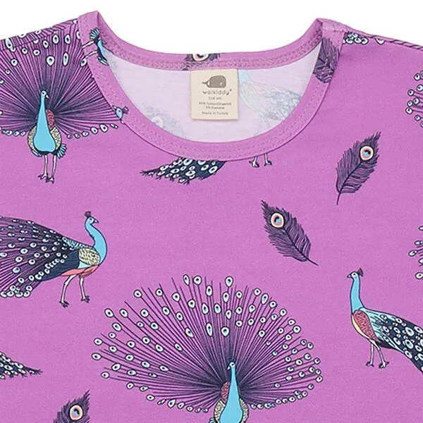 Walkiddy Walkiddy Kinder T-Shirt GOTS-zertifiziert aus Bio-Baumwolle lila mit Pfauenfeder-Muster, Blau, – Produktbild 2 von 3