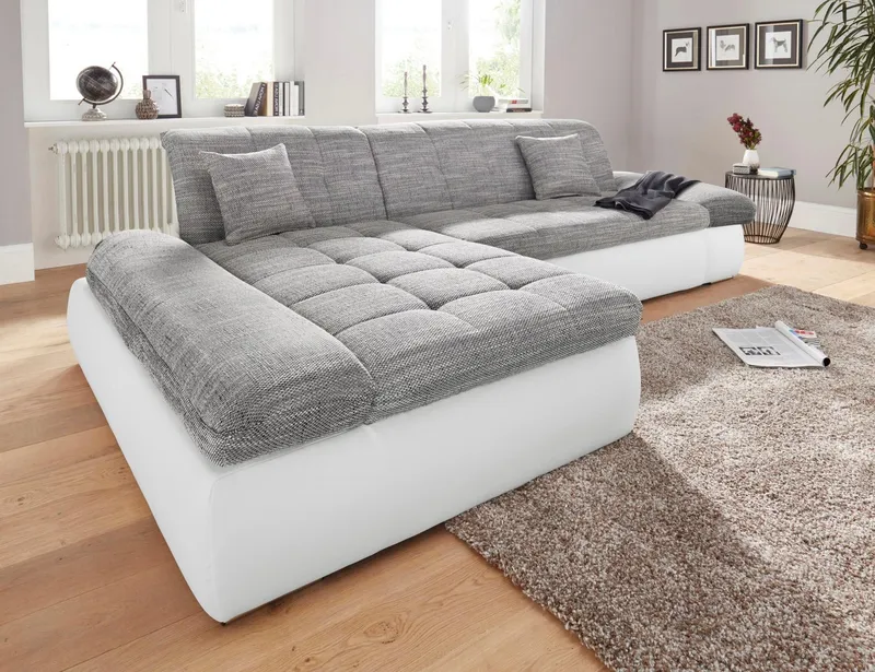 DOMO collection Ecksofa PB MORIC wahlweise mit Bettfunktion + Armteilverstellung, L-Form, im XXL-Format, B/T/H:300/172/80 cm, feine Steppung, Grau|weiß, – Produktbild 1 von 4