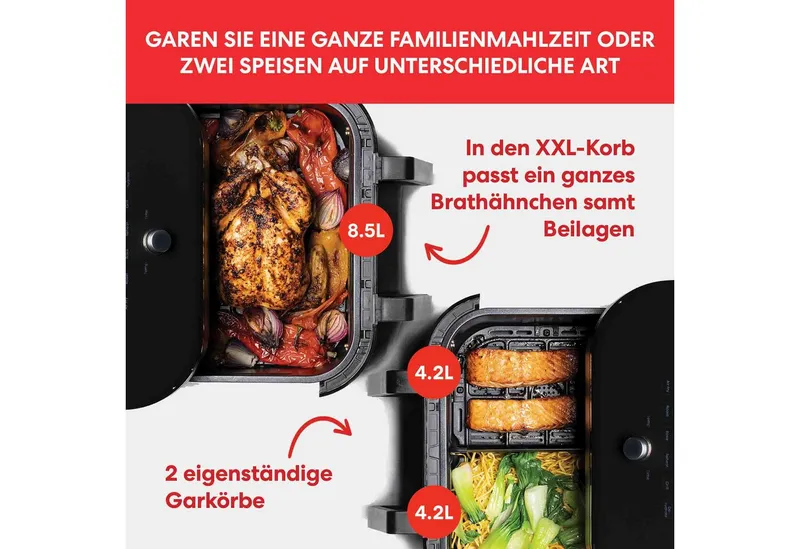 Instant Pot Heißluftfritteuse Vortex Plus VersaZone Airfryer 8in1 XXL Korb zum Rösten Grillen Dörren, 1700 W, digitales Display, 8 Kochprogramme, 2-in-1 Schublade, 8,5L oder 2x4,2L, Schwarz, – Produktbild 5 von 5