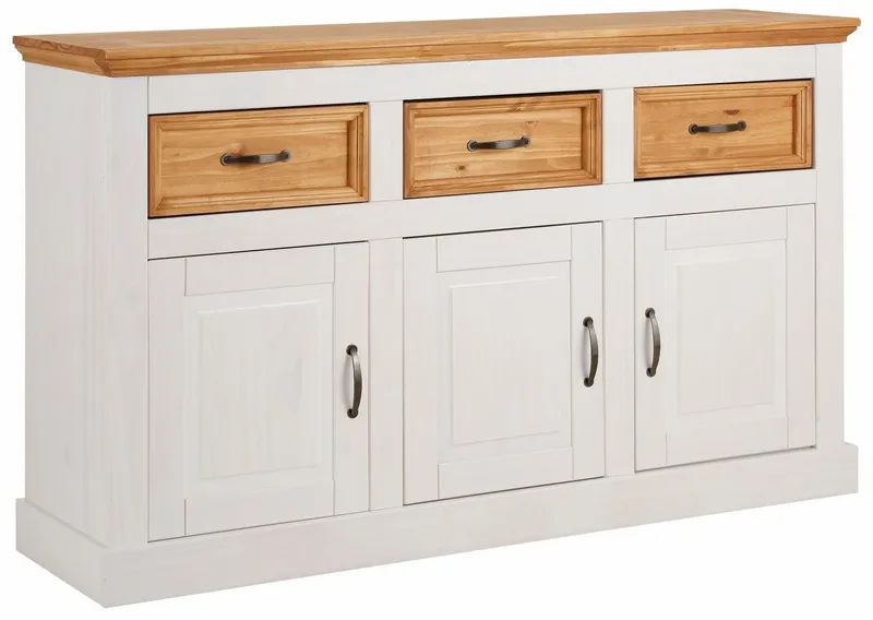 OTTO home Sideboard Selma Kommode mit 3 Türen, 3 Schubläden und 6 Fächer, Metallgriffe, aus massivem Kiefernholz, 3 Einlegeböden, mit dekorativer Fräsung, Weiß, – Produktbild 1 von 5