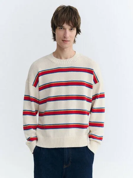 thinking mu thinking mu Herren Pullover - Beto Knitted Sweater, Ecru stripes, – Produktbild 1 von 3