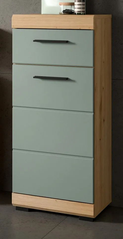 Inn.Furn Badkommode Shawn (Badschrank in Salbei und Artisan Eiche, 37 x 88 cm), mit Vollauszug, Beige, – Produktbild 2 von 5