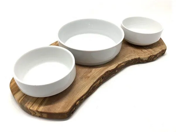 Olivenholz erleben Olivenholz erleben Futterstation RUSTY TRIO für Nass-Trockenfutter & Wasser mit 2 x 0,4 Liter und 1 x 0,9 Liter Porzellanschale – Produktbild 3 von 4