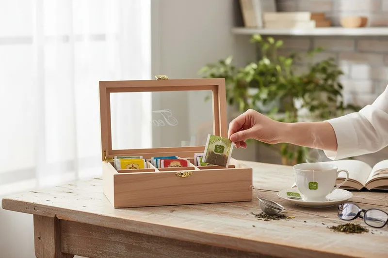 LS-LebenStil Teebox Holz Aufbewahrungsbox Teebox 6 Fächer mit Deckel für Teebeutel, Bambus, (Nachhaltige Teekiste Holzkiste Slogan Tea, 1-tlg., mit durchsichtigem Glas-Deckel Organizer Aufbewahrung für Tee), Braun, – Produktbild 5 von 5