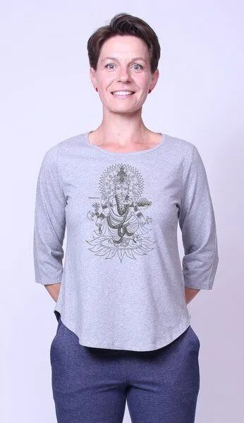 Peaces.bio - handbedruckte Biomode Peaces.bio - handbedruckte Biomode Bio-Damen-3/4 Arm Shirt Ganesha, Hellgrau, – Produktbild 2 von 2