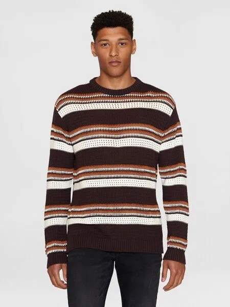 KnowledgeCotton Apparel KnowledgeCotton Apparel Sommerlicher Strickpullover HANDCRAFTED STRIPED aus Bio-Baumwolle, Braun (multi color stripe), – Produktbild 1 von 3