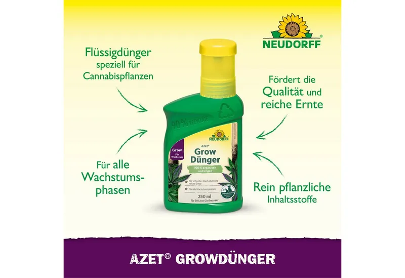 Neudorff Spezialdünger Azet GrowDünger 250ml Hanf Dünger für 50L, Vor Gebrauch gut schütteln und nur mit Wasser verdünnt anwenden., Dünger für Hanfpflanze für schnelles Wachstum und reiche Ernte, Organischer GrowDünger für kräftiges Wachstum – Produktbild 2 von 5