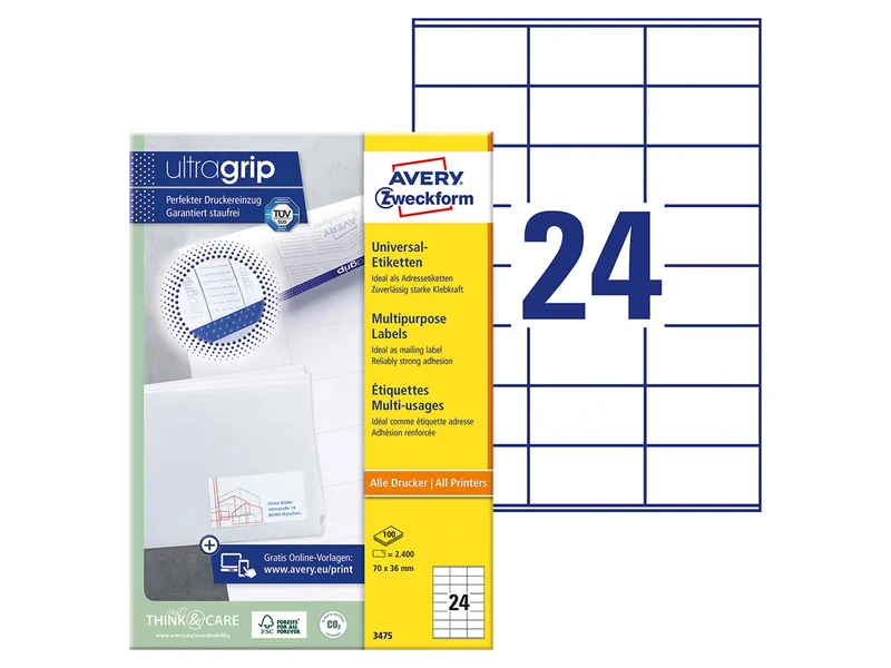 Avery Zweckform 2.400 Zweckform Etiketten '3475' 70 x 36 mm, A4 – Produktbild 2 von 3