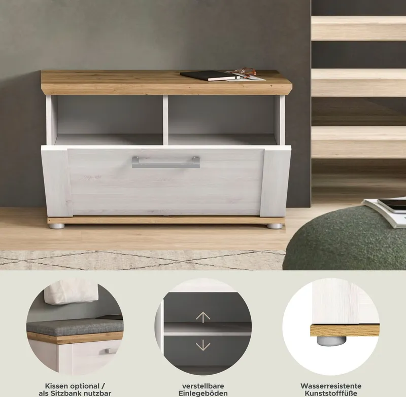 Home affaire Sitzbank COSENZA, Breite 80 cm, 1 Klappe, 2 Einlegeböden, 2-farbig, in Landhausoptik, Bank, Schuhbank, Garderobenbank, Dielenbank, Weiß, – Produktbild 1 von 5