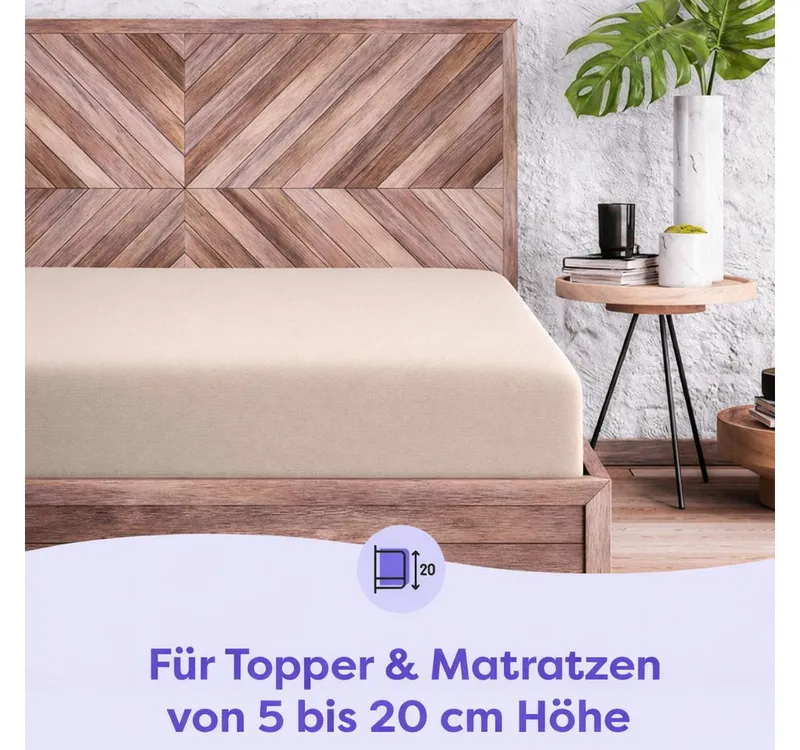 Wolkenfeld Spannbettlaken 100% Baumwolle - Superweiches Bettlaken für Matratzen von 5 bis 20cm, Jersey, Gummizug: rundum, (1 Stück), Rutschfest & Blickdicht - 90x200, 140x200, 160x200, 180x200 200x200, Beige, – Produktbild 5 von 5
