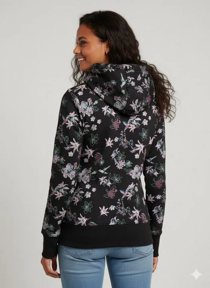 ragwear ragwear Sweatjacke NESKA ZIP FLOWERS O figurbetont mit floralem Allover-Print und großer Kapuze, Schwarz, – Produktbild 2 von 3