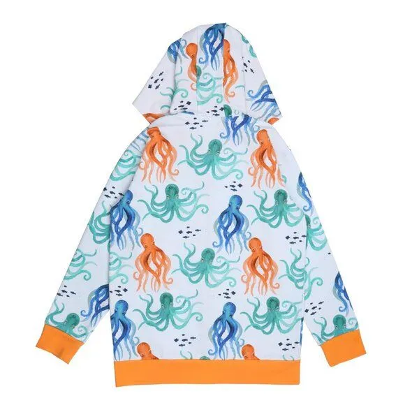 Walkiddy Kinder Kapuzenjacke GOTS zertifiziert, 95% Bio-Baumwolle, weiß/orange, Oktopus-Muster, Reißverschluss – Walkiddy – Produktbild 2 von 2