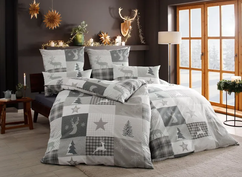 OTTO home Bettwäsche Nicholas, Linon, 2 teilig, Weihnachtsbettwäsche, Winter, in 3 Qualitäten verfügbar, Grau, – Produktbild 1 von 6