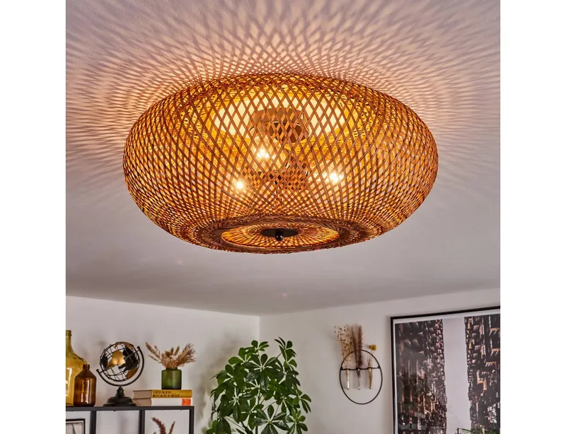 hofstein Deckenleuchte moderne Deckenlampe aus Metall/Bambus/Holz in Schwarz/Natur, ohne Leuchtmittel, Boho-Design Deckenleuchte,Lichteffekt, Ø50cm, 3xE27, ohne Leuchtmittel, Beige|schwarz, – Produktbild 1 von 5