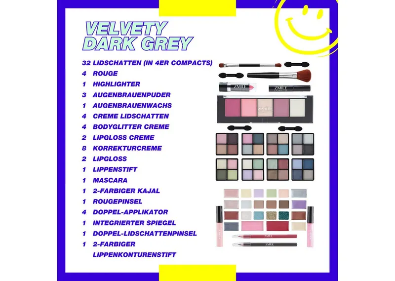 ZMILE COSMETICS Kosmetik-Koffer 'Beauty Case Velvety' (dark grey), 72-tlg., mit veganer Formulierung, Bunt|grau, – Produktbild 4 von 5